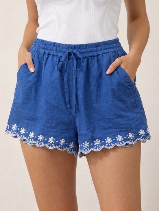 J. Crew Factory Pants - J.crew Blue Linen Blend Embroidered Scalloped Shorts Summer Elastic Waist 
S